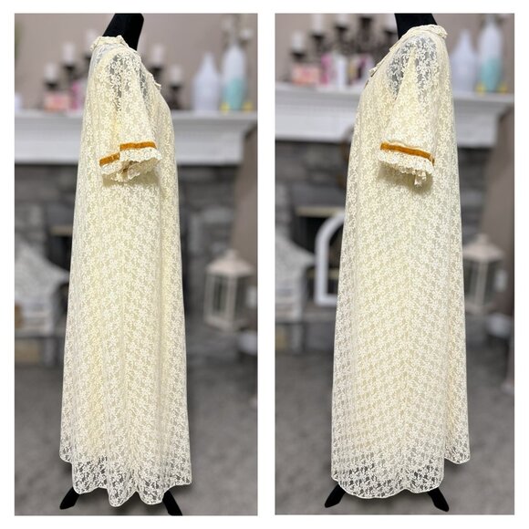 Vtg 60s Butter Yellow Peignoir Set Maxi M Lace Robe Golden Velvet Trim Lingerie - Picture 5 of 9
